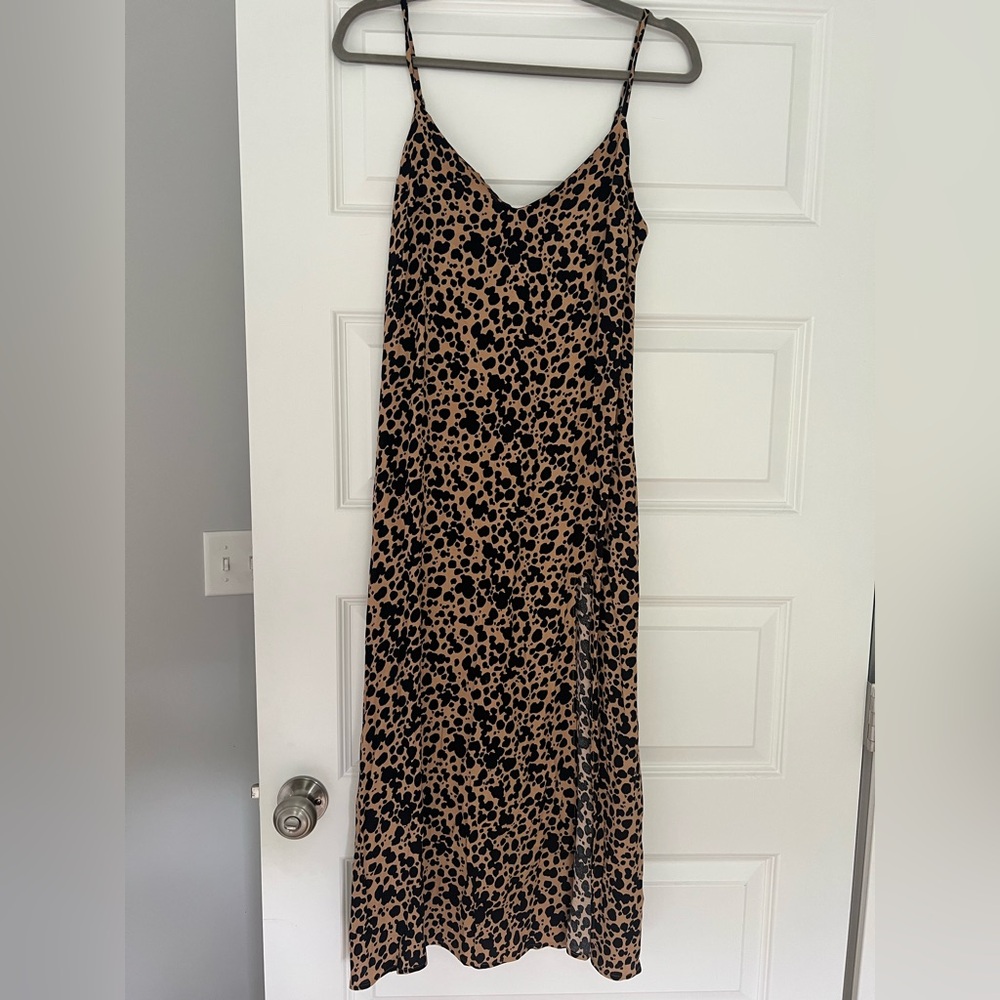 Reformation Black and Tan Spotted Midi Dress